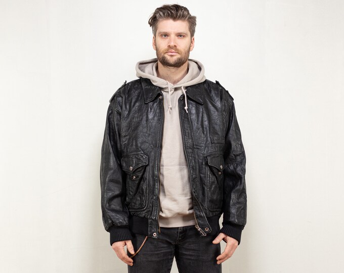 Leather Bomber Men 80's jacket vintage black aviator leather jacket flight aviator oversized pilot vintage clothing size medium M