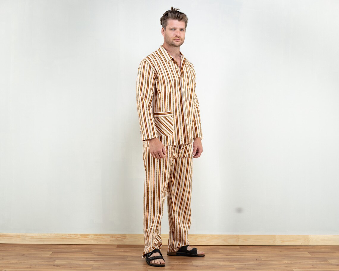 Men Pyjamas Set Brown Vintage 90s Night Gown Retro Pajamas Etsy