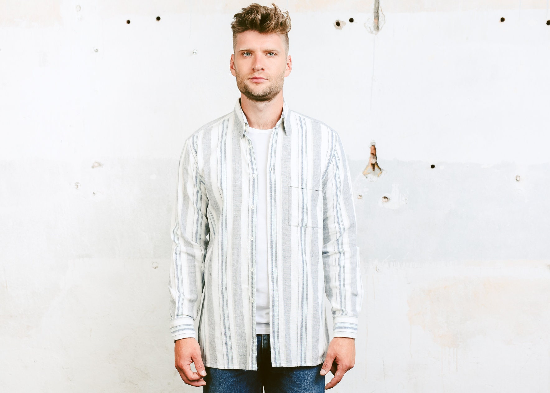 90s Aztec Striped Shirt . Men's Southwestern Shirt White Flannel Jacket ...