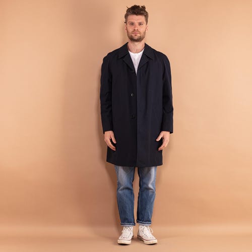 70s Vintage Blue Mac Coat: Single Breasted Trench, Size M/L