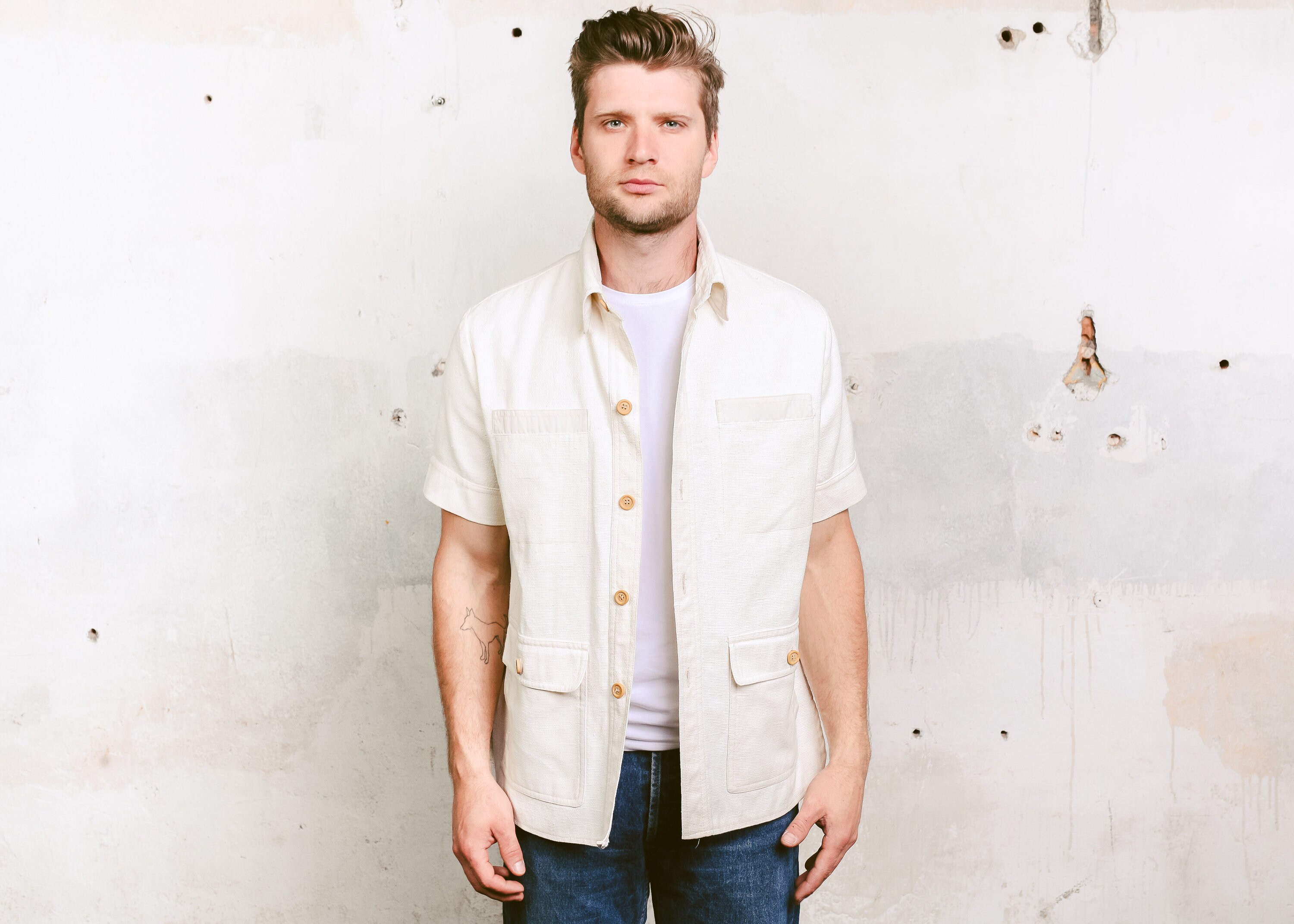 Beige short sleeve button down dress shirt Clearance