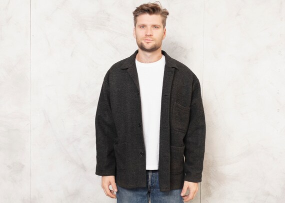 Thick Wool Jacket Dark Gray Vintage 80s Men Jacket