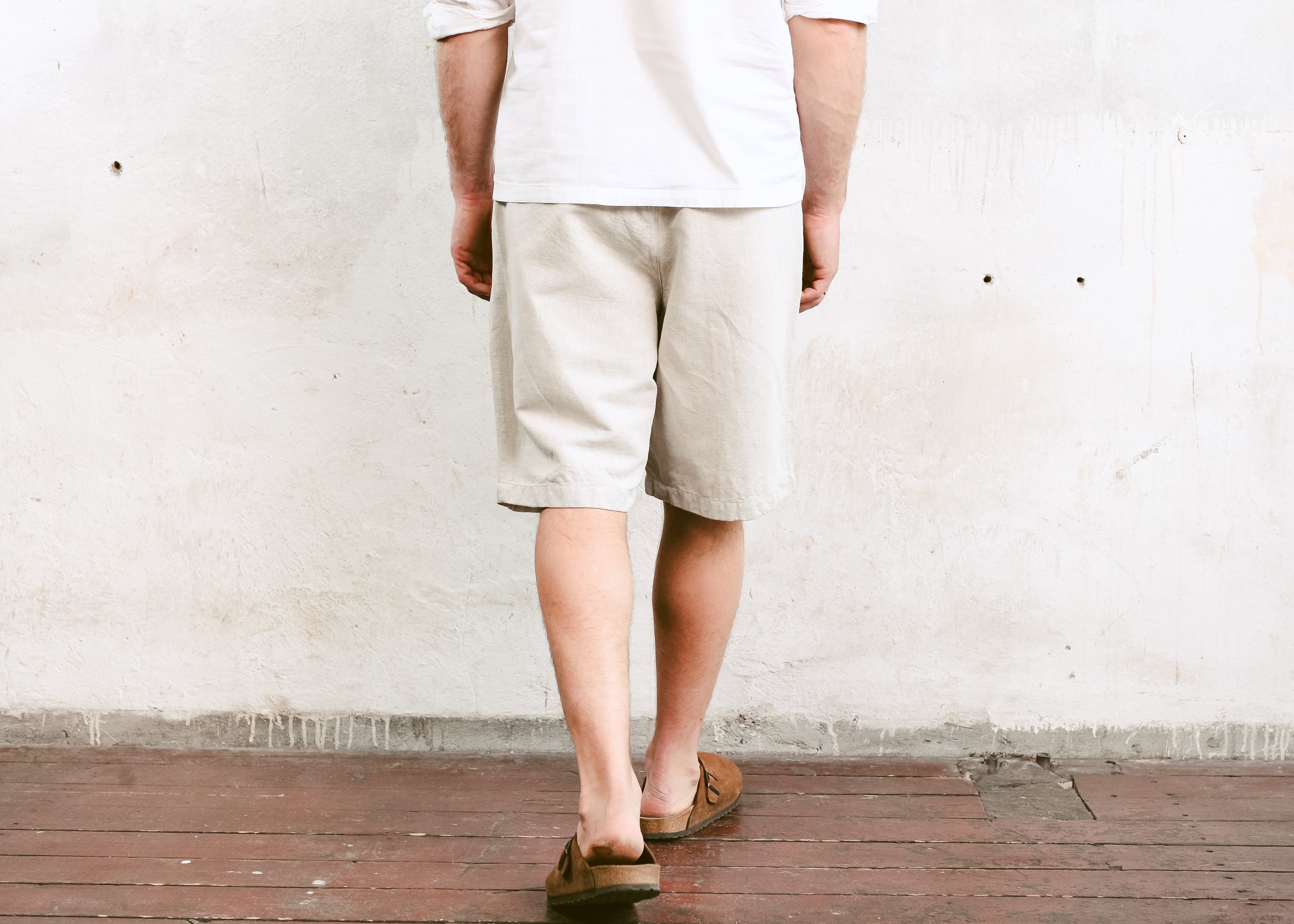 Grey Linen Blend Shorts . Vintage Men Summer Shorts Men's Casual Shorts