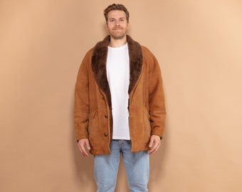 Men Shearling Coat 70s, Size Large, Vintage Sheepskin Coat, Warm Winter Leather Coat, Brown Oversized Coat, Gift For Husband