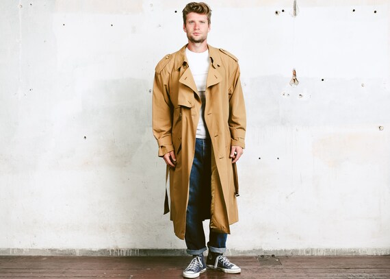 Brown Men Trench Coat . Vintage 80s Oversized Longcoat Rain