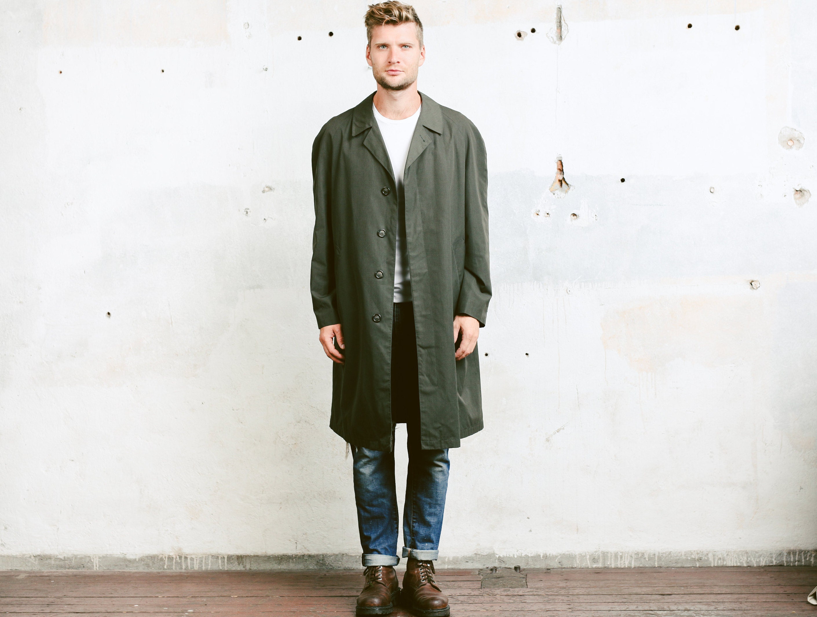 Vintage 80s Men Grey Trench Coat . Duster Coat Mac Coat Raglan Sleeves ...