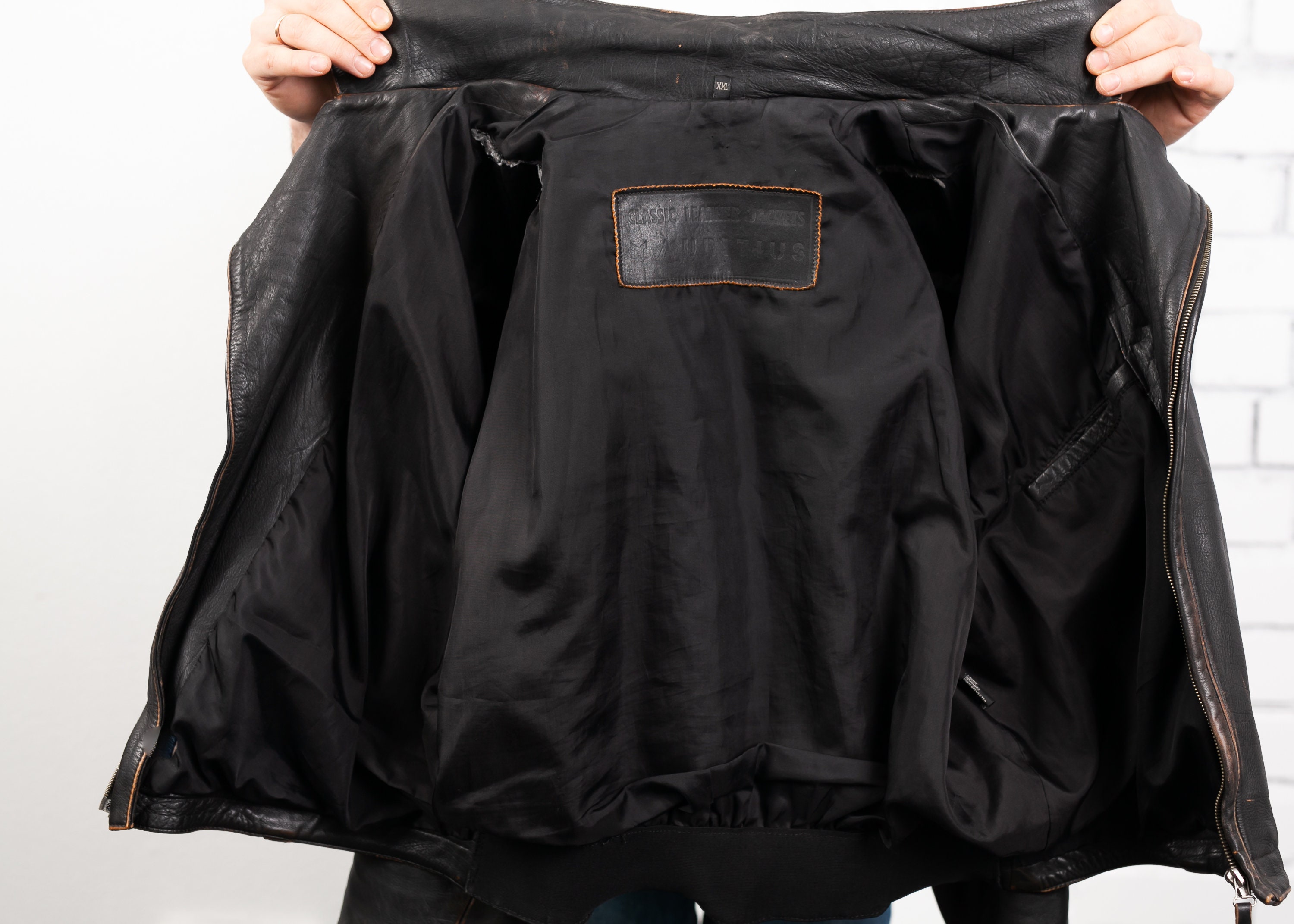 Vintage Men Side Zip Leather Jacket . Retro Men's Leather 70s Black