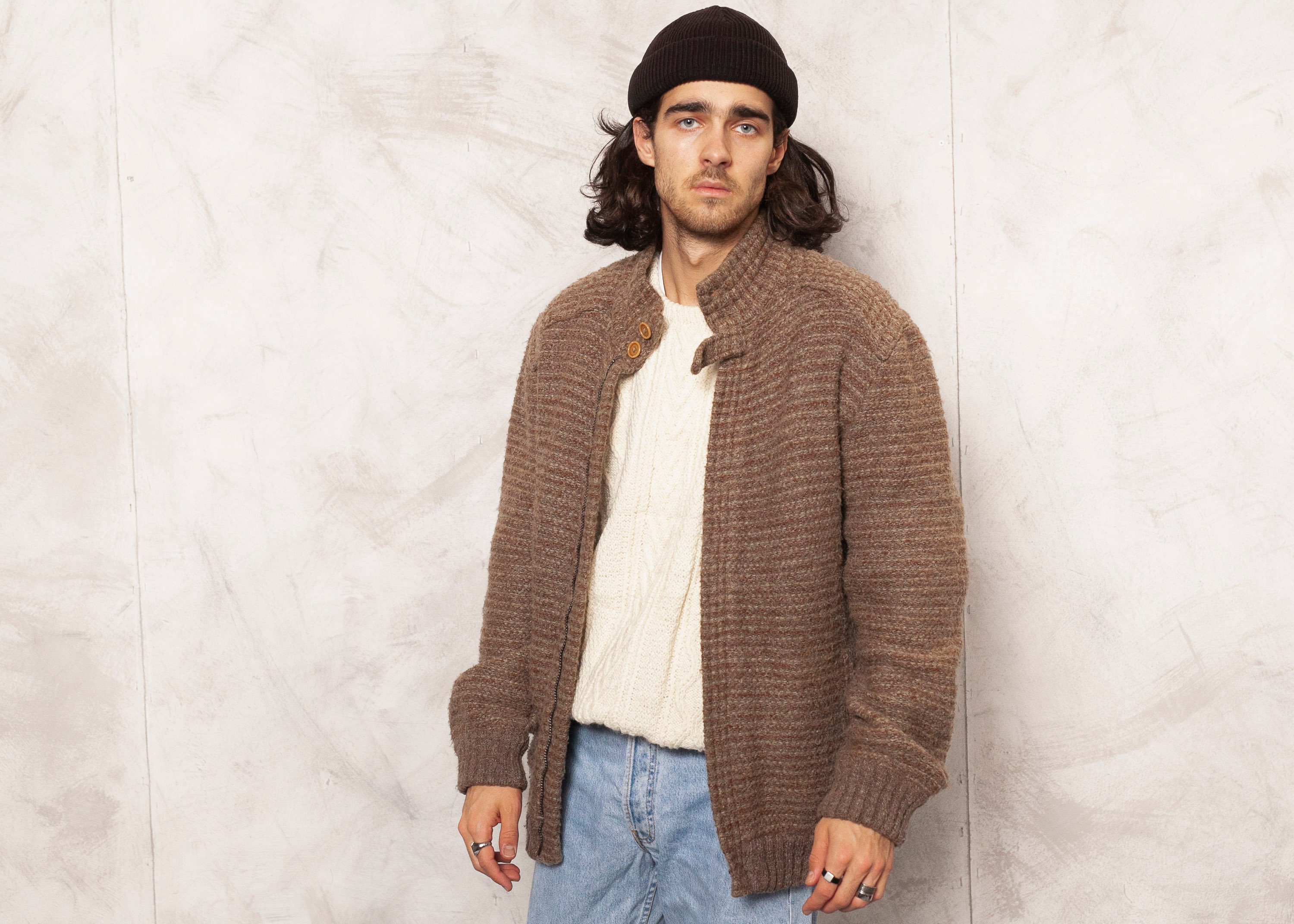 Hand Knit Wool Bomber 80s Vintage Jacket Men Zip Up Sweater Jacket ...