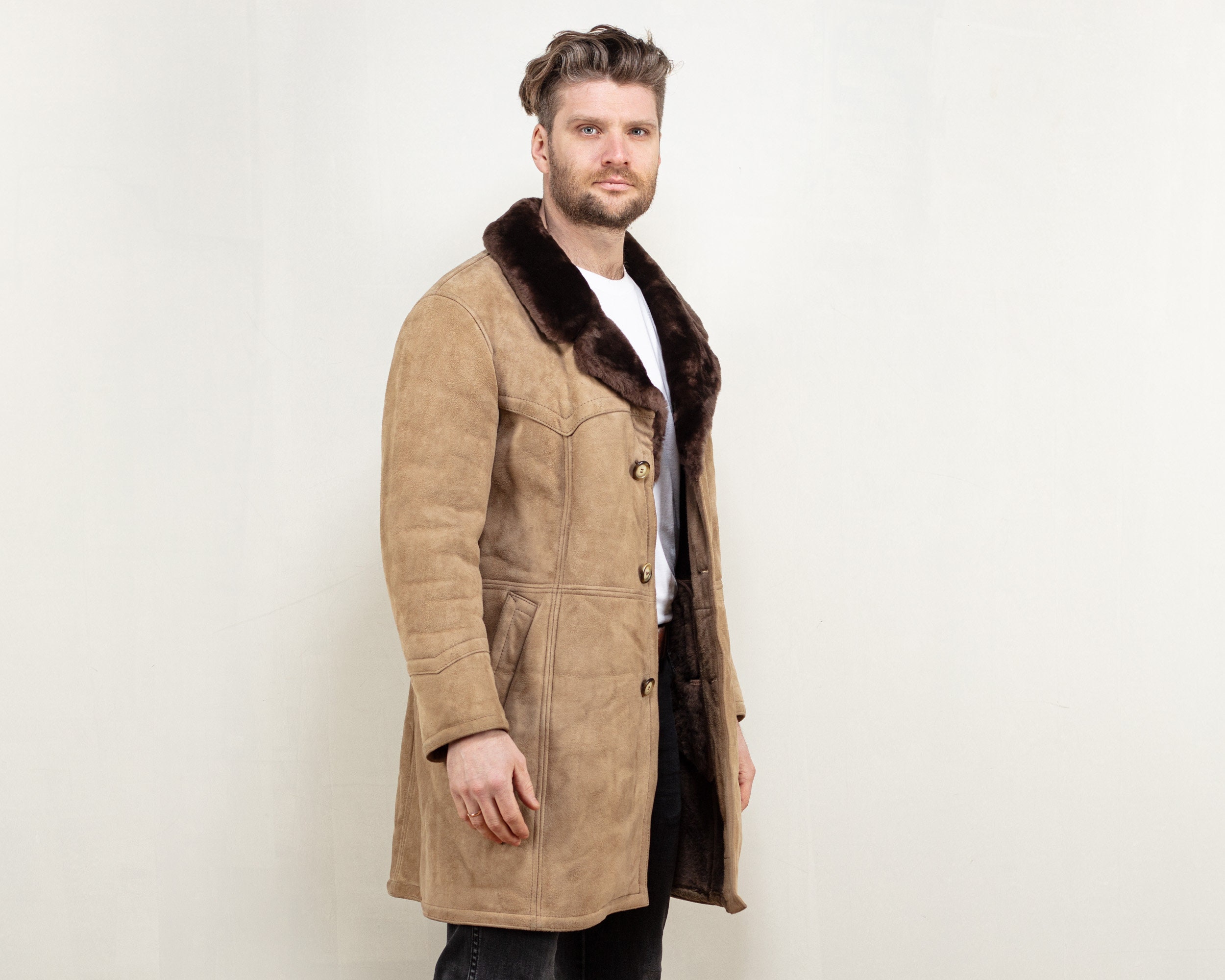 Sheepskin Men Coat 70's Vintage Men Sheepskin Beige Suede - Etsy