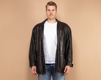 Leather Bomber Jacket 80's, Size Large XL Black Leather Jacket, Black Flight Jacket, Minimalist Jacket, Sleek Leather Jacket, Men Outerwear
