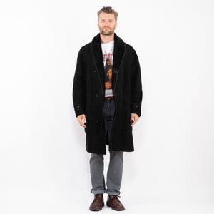 80&#39;s Black Sheepskin Long Coat, Men Size L Sheepskin Coat, Men&#39;s Shearling Coat, Black Fur Overcoat, Men Western Coat, BetaMenswear