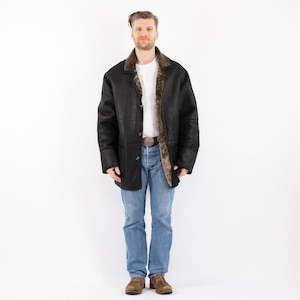 90&#39;s Men Black Sheepskin Coat, Size XL Sheepskin Coat, Men Shearling Coat, Retro Leather Coat, Black Barn Coat, Mens Clothing, BetaMenswear