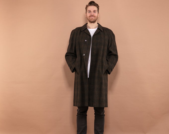 Plaid Wool Coat 70s, Men Size L Vintage Wool Coat, Men Wool Topcoat, Minimalist Long Coat, Classic Outerwear, Office Wool Coat, Elegant Coat