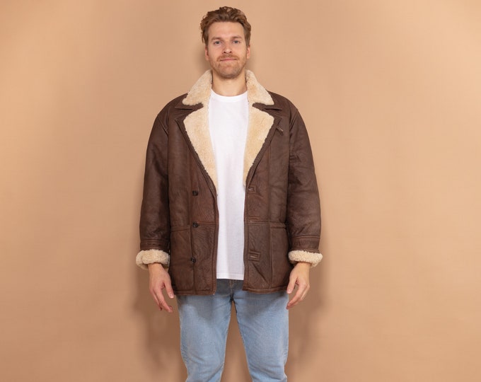 Mens Sheepskin Coat 80's, Size Large, Worn In Vintage Shearling Coat, Heavyweight Coat, Brown Leather Overcoat, Boho Winter Coat