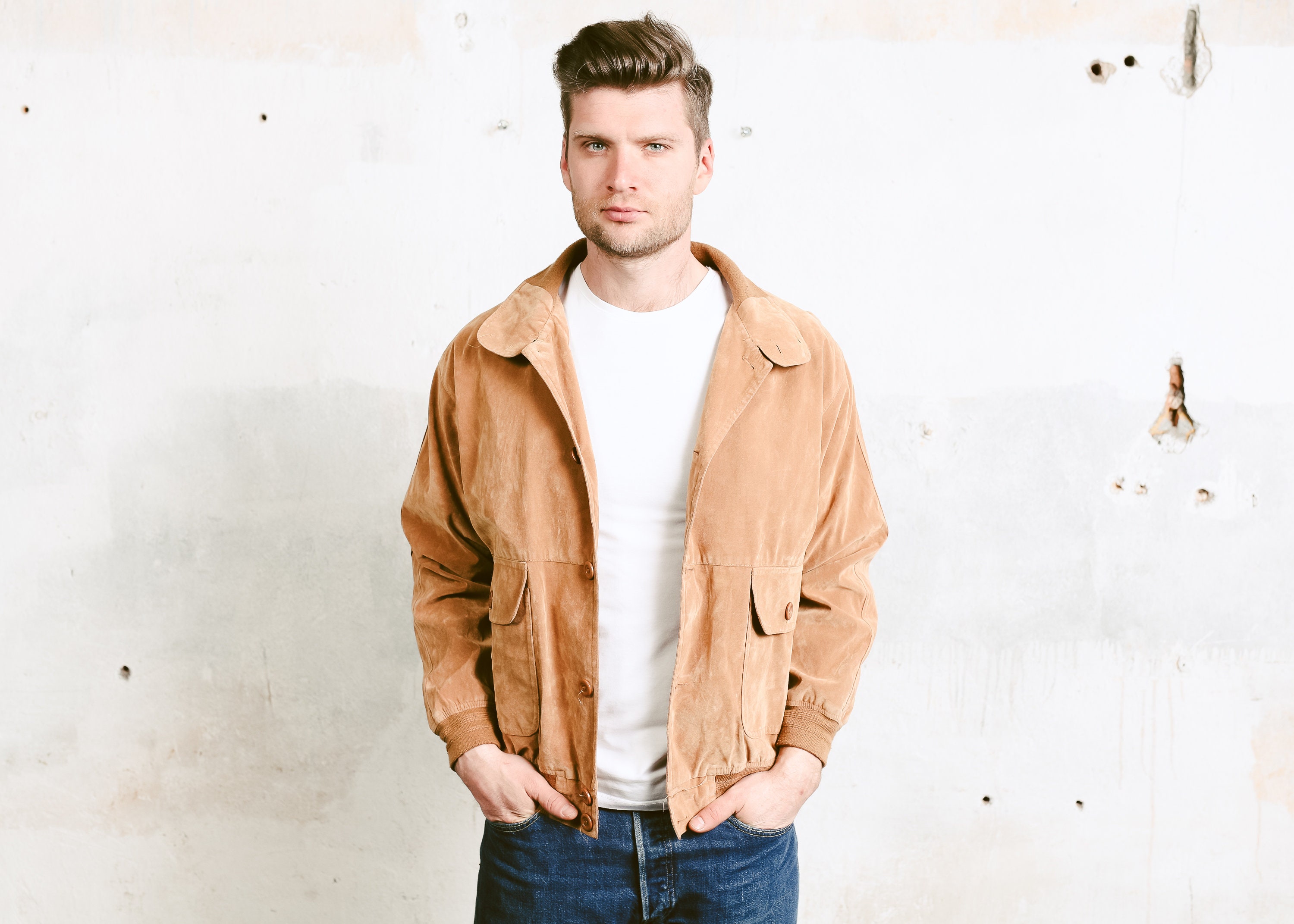 80s Mens Velour Spring Jacket . Vintage Velvet Button Up Jacket Men's