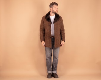 70s Vintage Sheepskin Suede Coat: Brown Shearling Overcoat, M/L