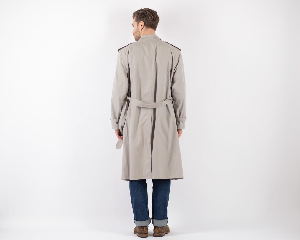 70s Vintage Gray Cotton Blend Trench Coat, Men's Size L, foto 3 di 5