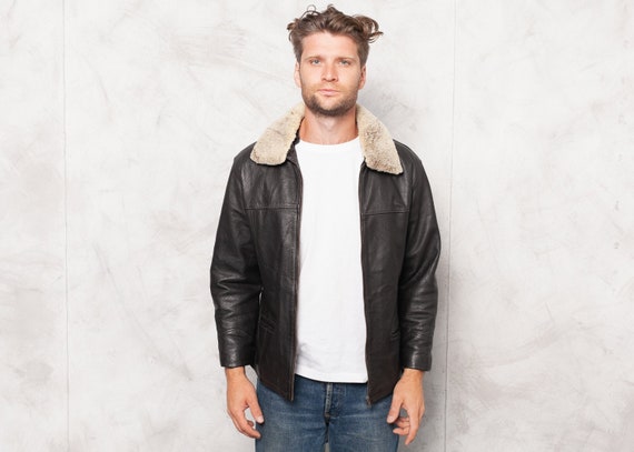 70s Leather Men Sherpa Jacket . 70s Black Leather