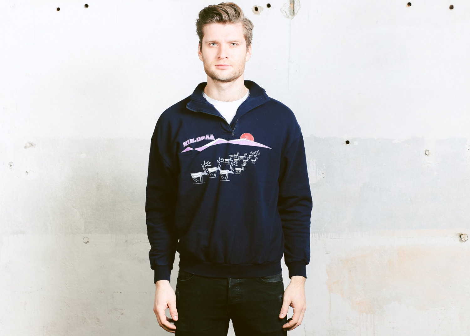 80s Mens Sweatshirt . Blue Printed Sports Sweater Vintage Jumper Casual Sportswear Boyfriend