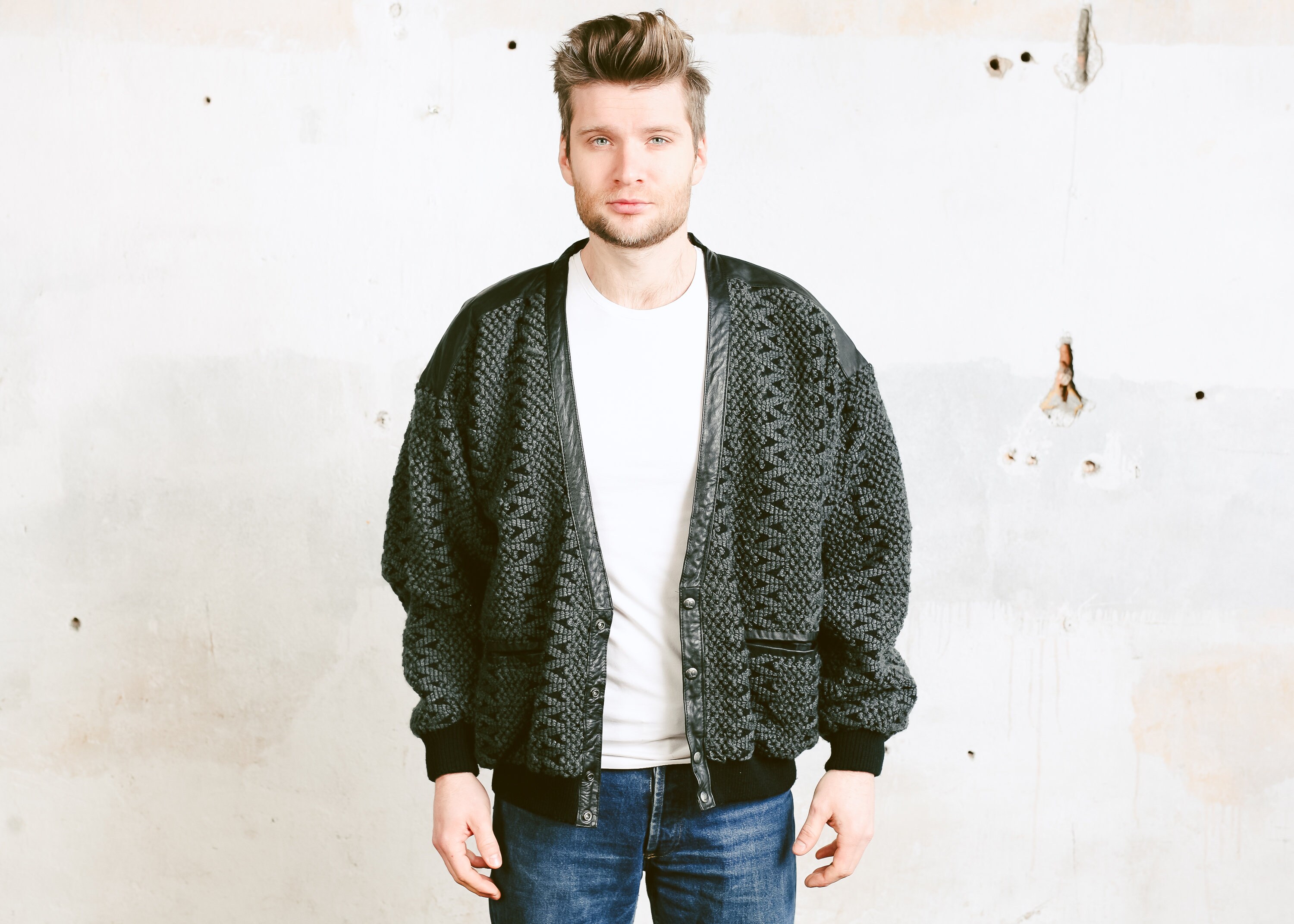Grey Vintage Men Cardigan . 90 Knit Bomber Jacket Rockabilly Cardigan  Monochrome Retro Hipster Sweater Button Up Sweater. size Large L