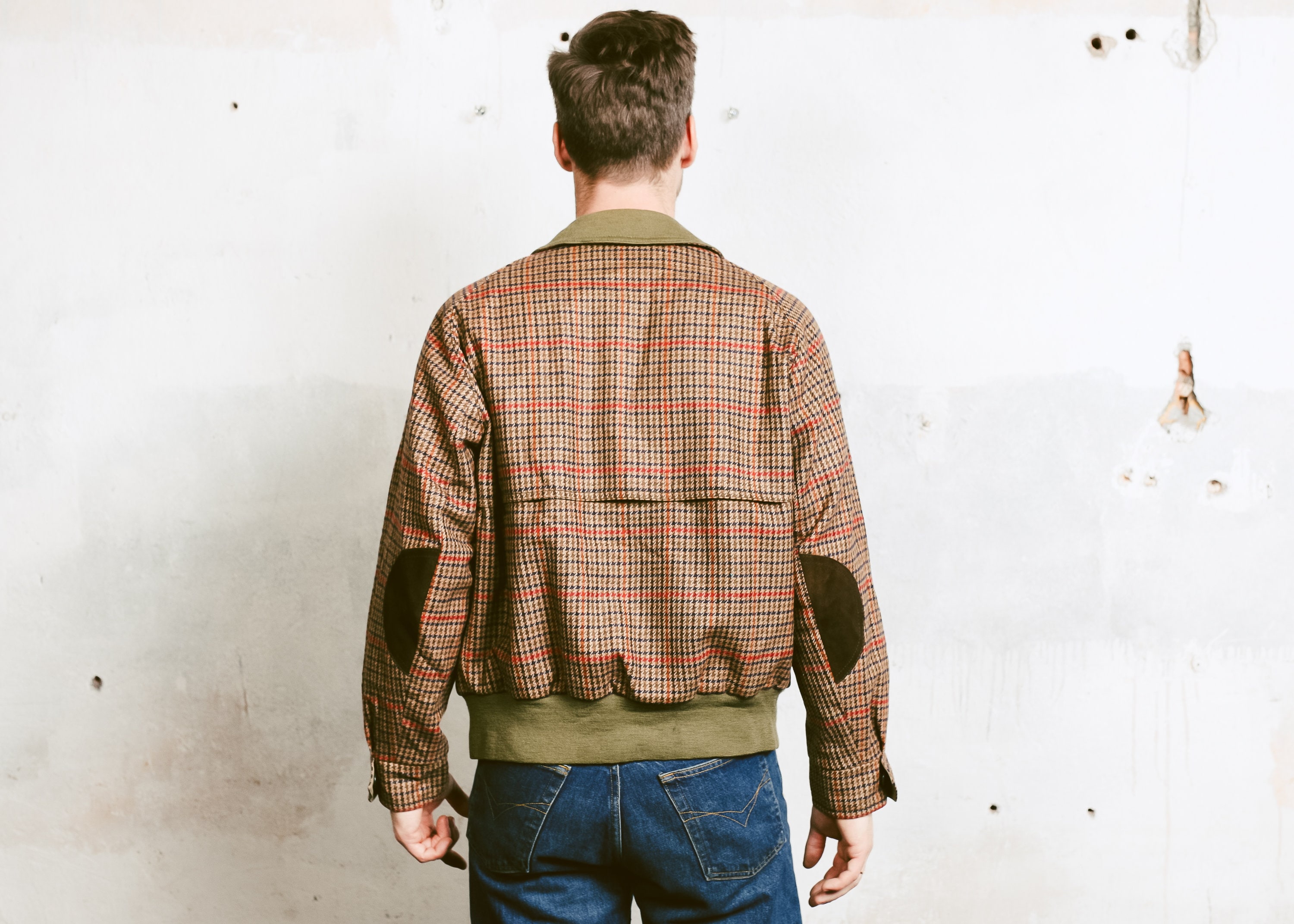 Men Wool Bomber Jacket . Vintage 80s Reversible Wool Blend Coat Flight