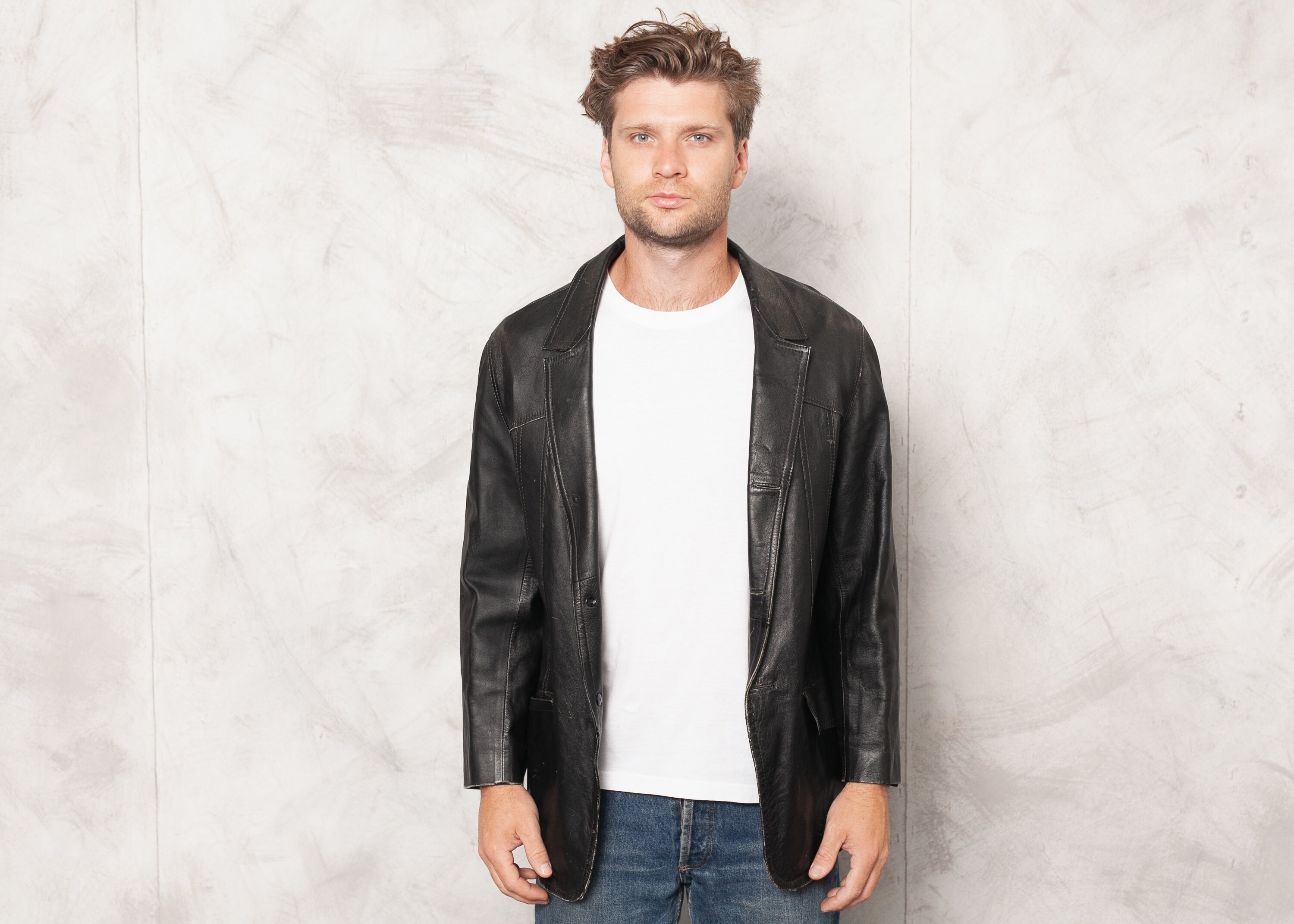 Men Leather Jacket Vintage 90s Black 