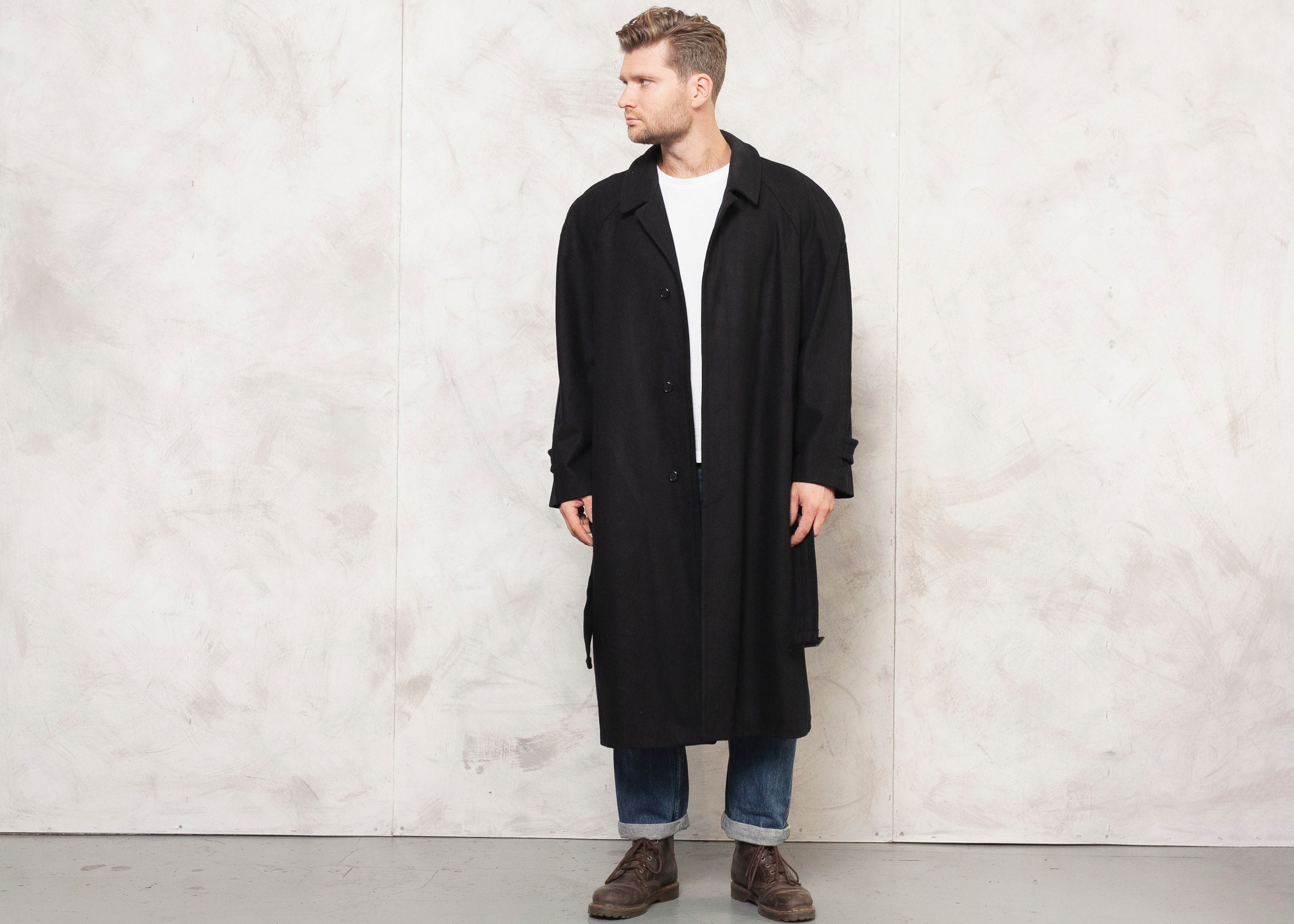 Vintage Black Coat Mens 90s Wool Coat Casual Winter Overcoat Bussiness ...