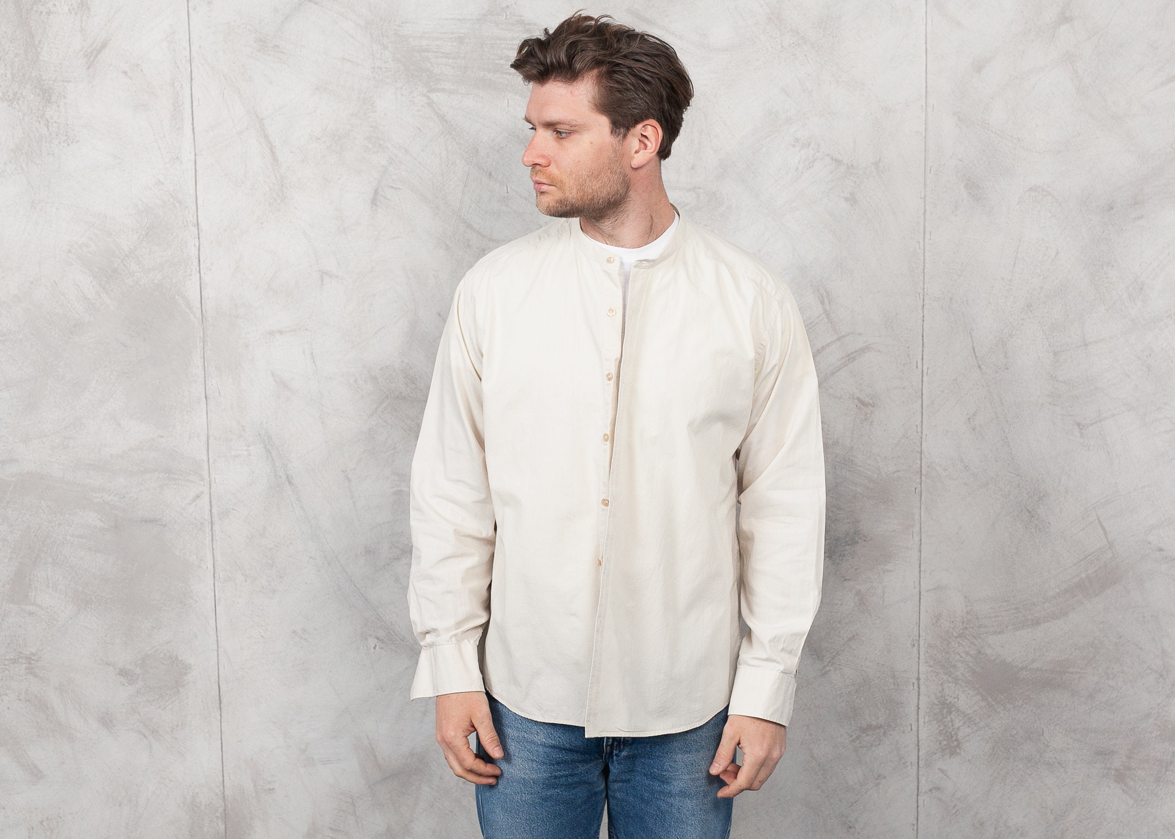 90s band collar shirt