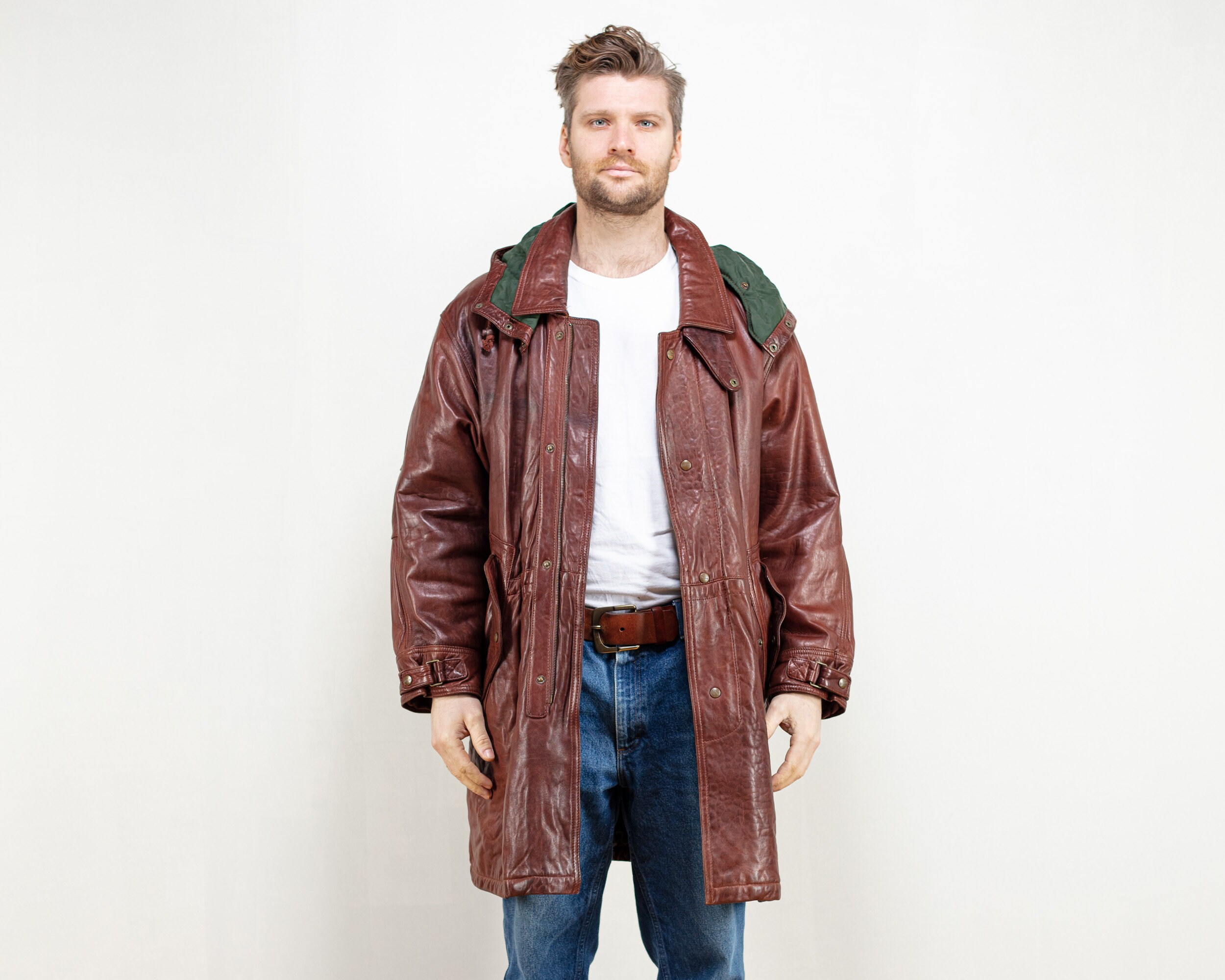 Brown Leather Coat men parka jacket men 80's outerwear hooded leather ...