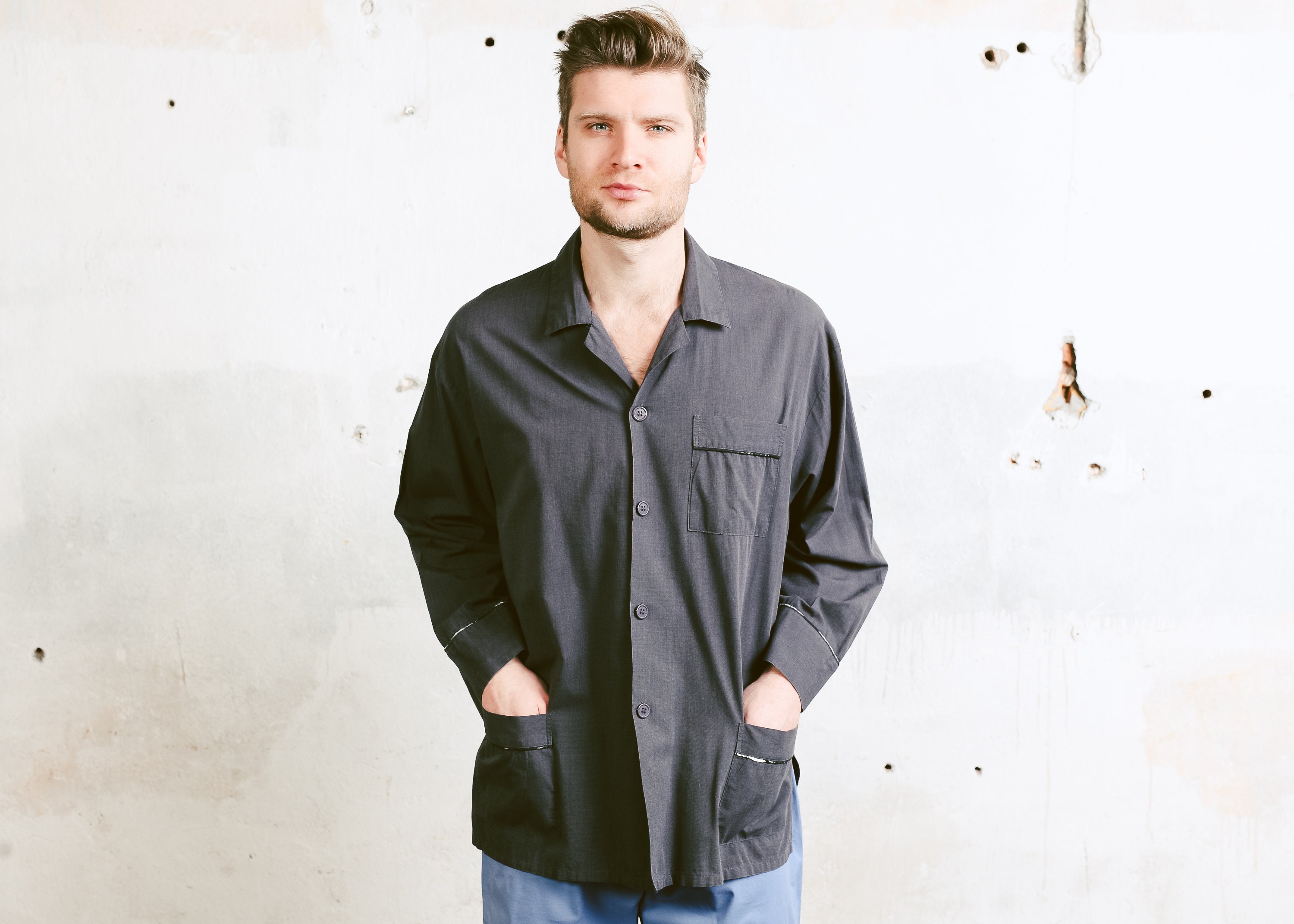 Vintage Gray Pajama Shirt . Vintage Men 1990s Grey Cotton Shirt Plain ...