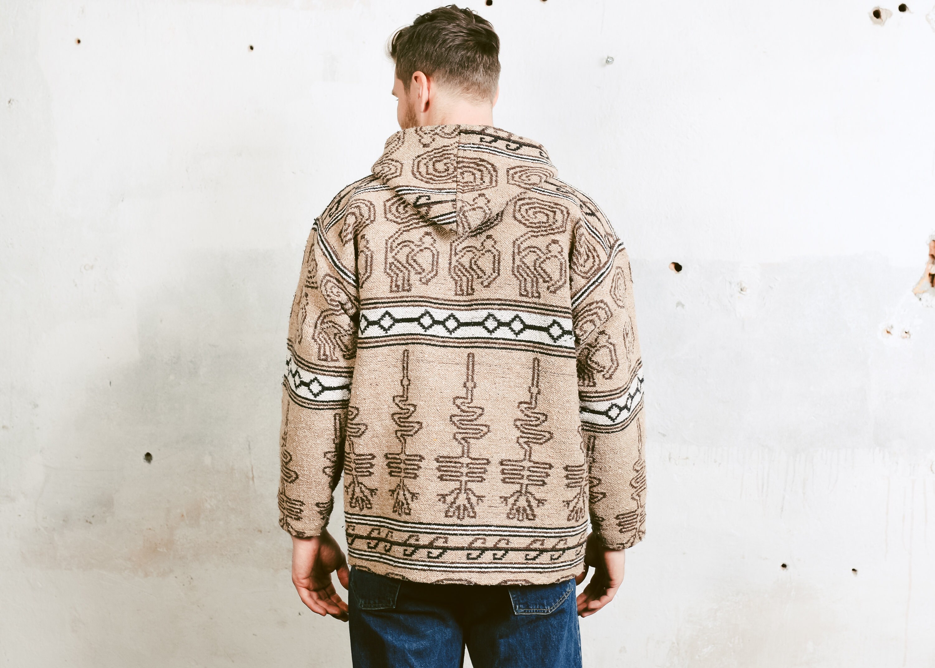 Men Aztec Coat . Vintage 80s Jacket Southwestern Mexican Peruvian Woven