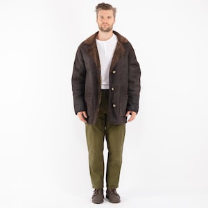Men Black Sheepskin Coat, Men Size L Sheepskin Coat, Men Shearling Coat, Retro Leather Coat, Black Coat, Vintage Clothing, BetaMenswear
