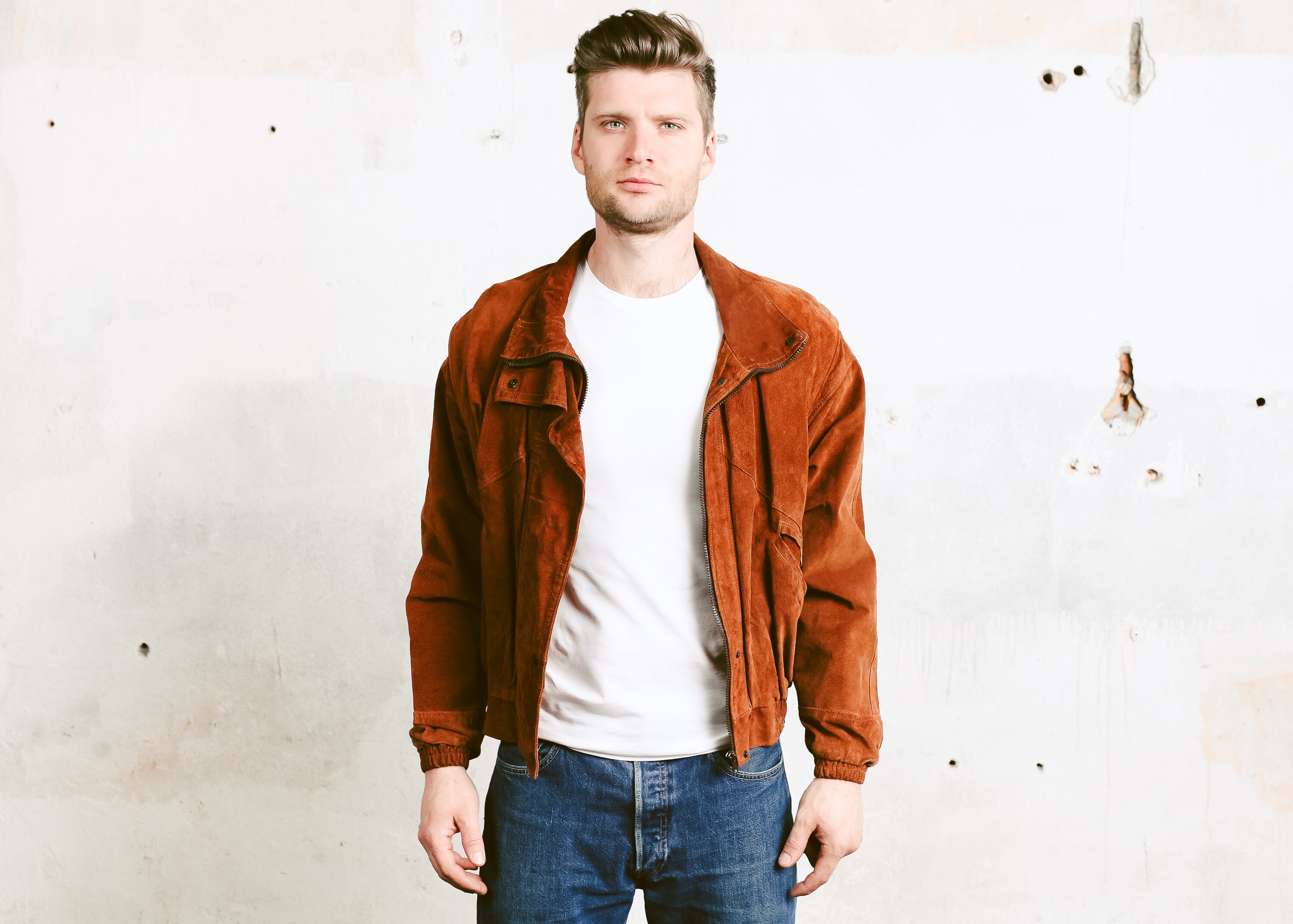 Men Suede Jacket . Vintage Brown Zip Up Bomber Jacket Spring Outerwear ...