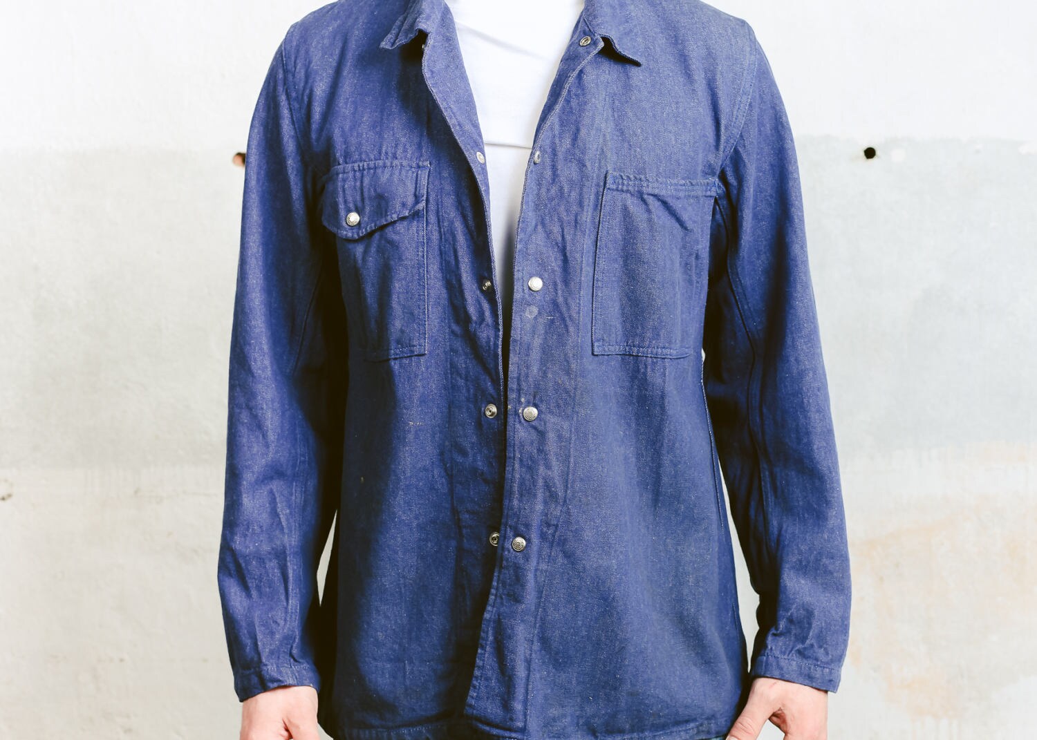 Men's DENIM Work Jacket . Vintage Workwear 70s Faded Blue Chore Coat ...
