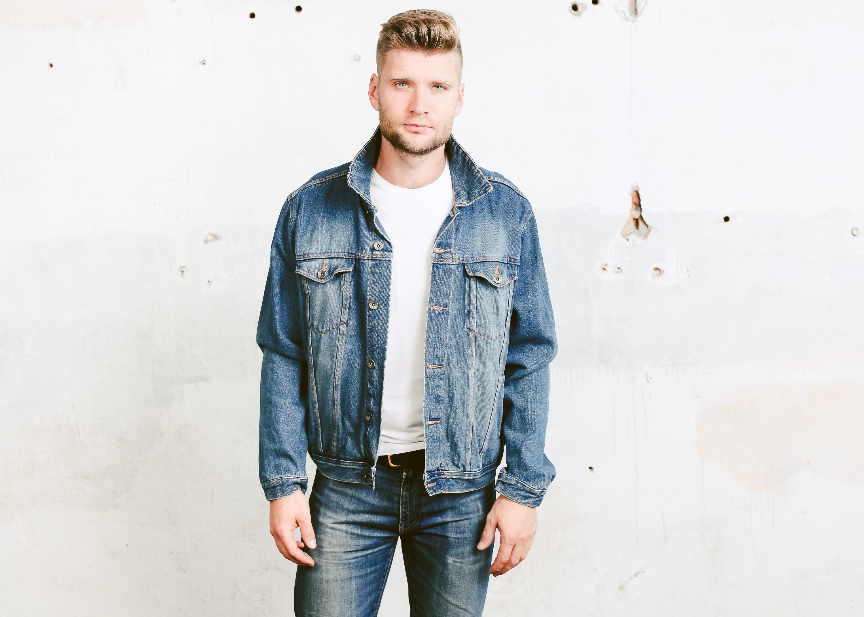 Denim Jacket . Mens Blue Jeans Jacket Vintage 90s Trucker Jacket Denim ...