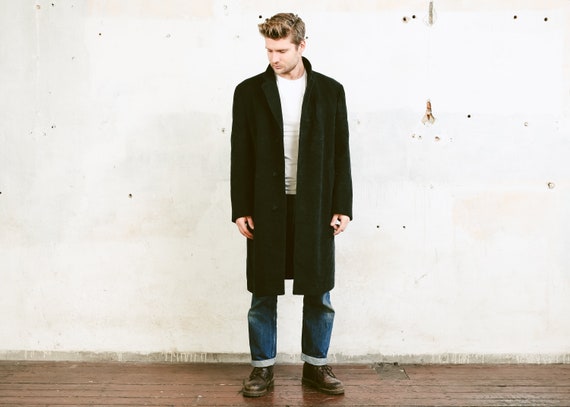 Dark Grey Mohair Wool Coat . Vintage 70s Men Winte