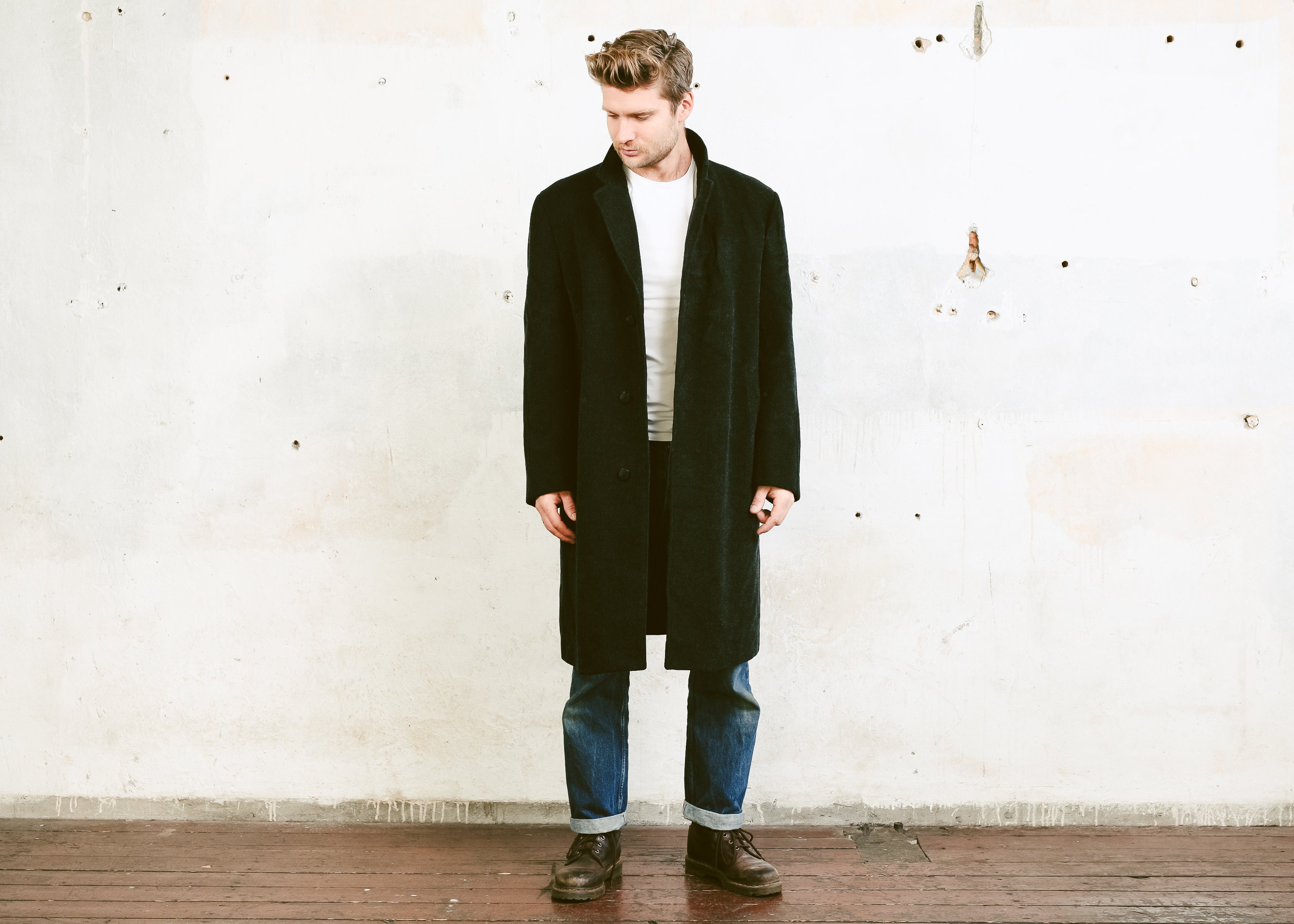 Dark Grey Mohair Wool Coat . Vintage 70s Men Winter Coat 1990s
