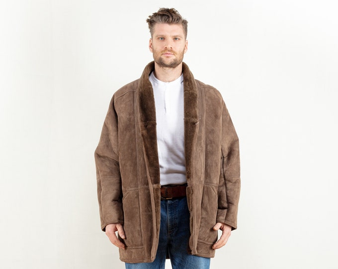 Brown Sheepskin Coat men vintage 70's retro coat western coat mens sheepskin coat winter overcoat vintage clothing size large l