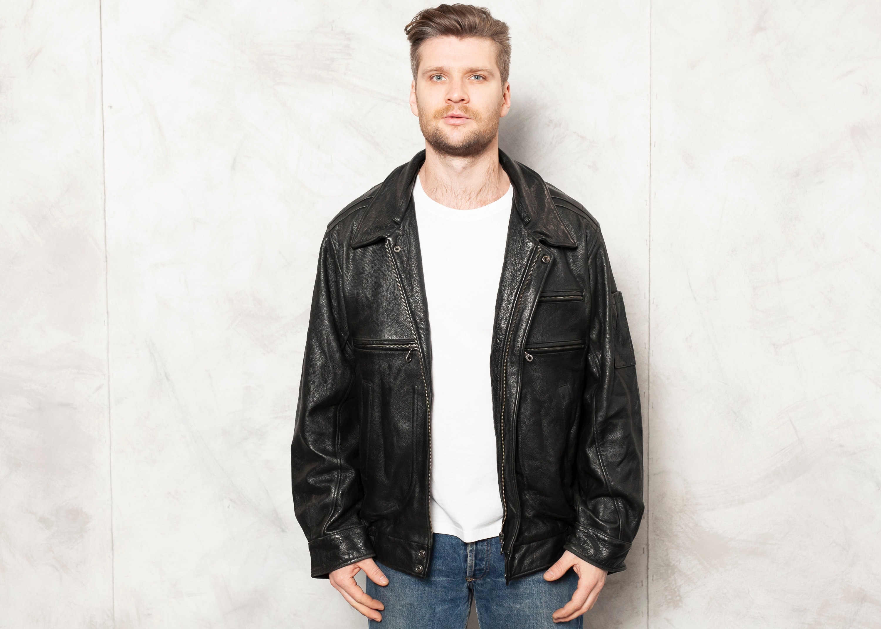 90s black leather jacket