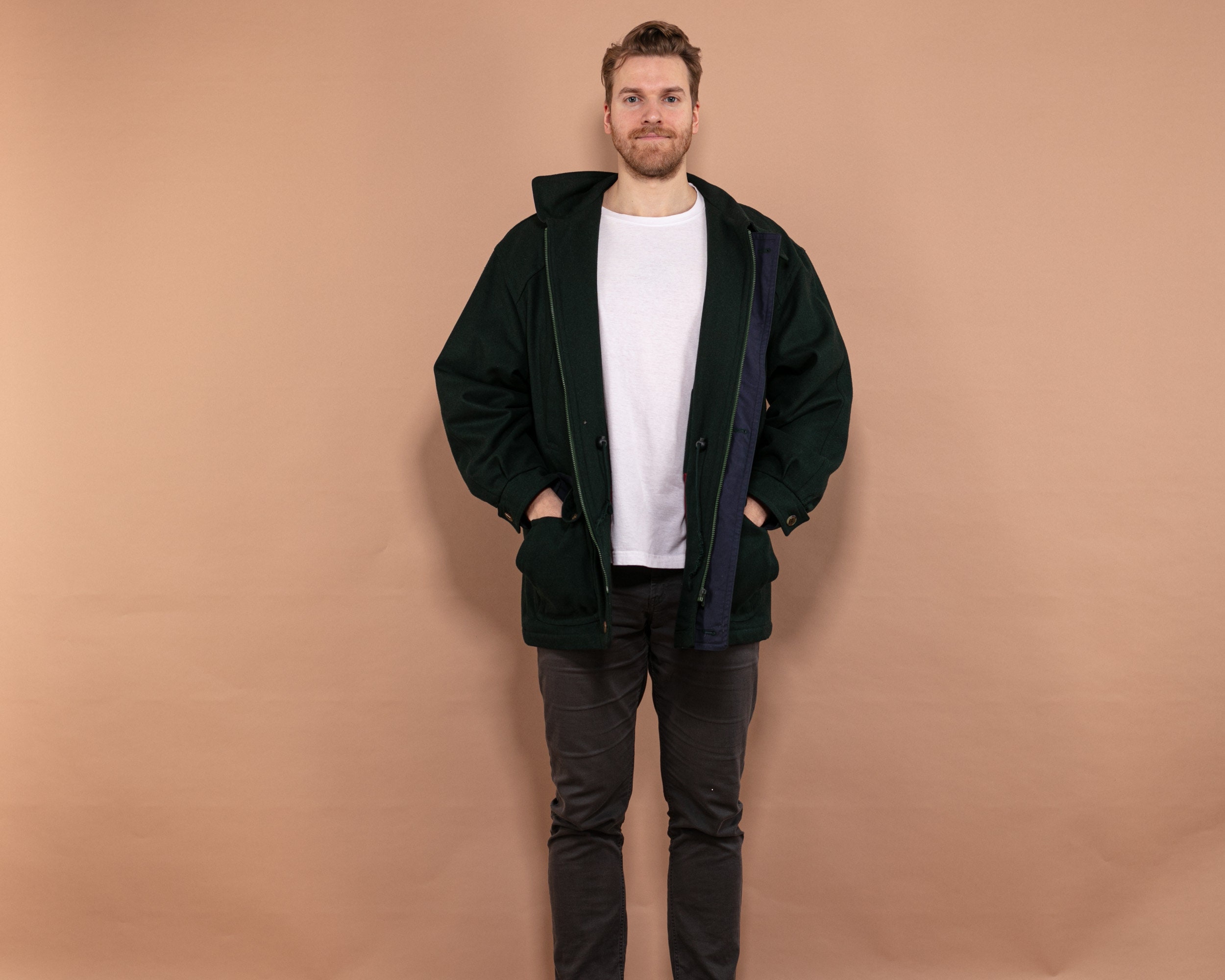 Wool Parka Coat 90s, Wool Coat In Green Size XL, Woolen Coat, Winter Wool Coat, Casual Parka Wool Coat, Vintage Men Clothing, Retro Jacket