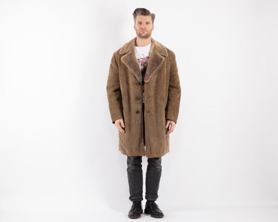 Mantel Herren Winterjacke Mit Fellkapuze Shearling Beiger