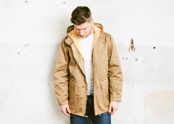 Stil Jahre Jacke Armee Medium Gefüttert Military OberbekleidungGröße Mantel1970er Kapuzen Mantel 70er Parka Beige Herren Webpelz j5Rq4AL3