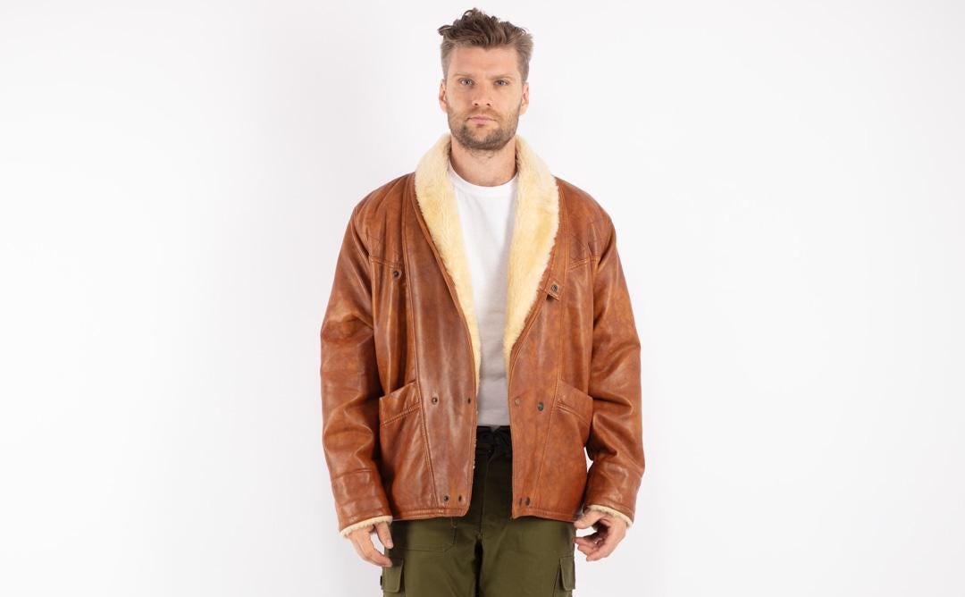 80s Vintage Brown Faux Shearling Coat, Sherpa Jacket, Men's Size L