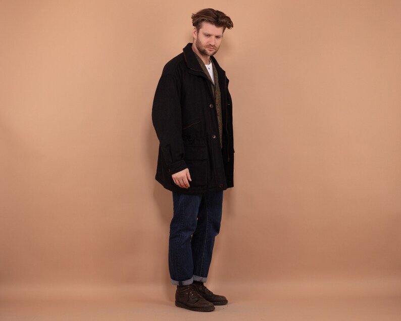 Men Wool Blend Parka Jacket 90's, Size L Large, Vintage Insulated Wool Zip Up Coat, Dark Gray Casual Coat, Outerwear, Men Oversized Coat image 2
