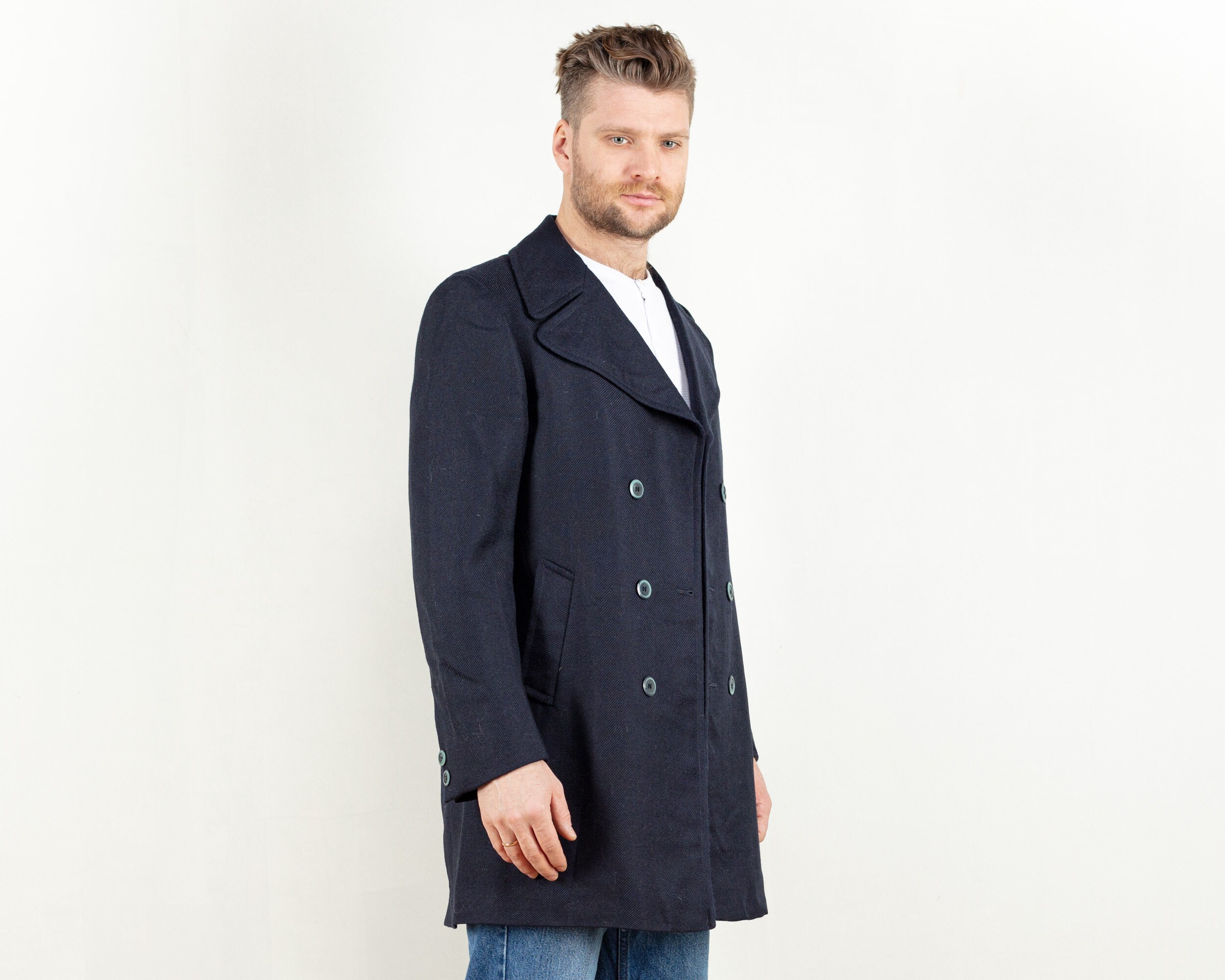 Casual Mens Wool Coat Short Vintage 90s Classic Men Vintage Winter Overcoat Mac Coat Warm Coat Men Retro Coat Size Small