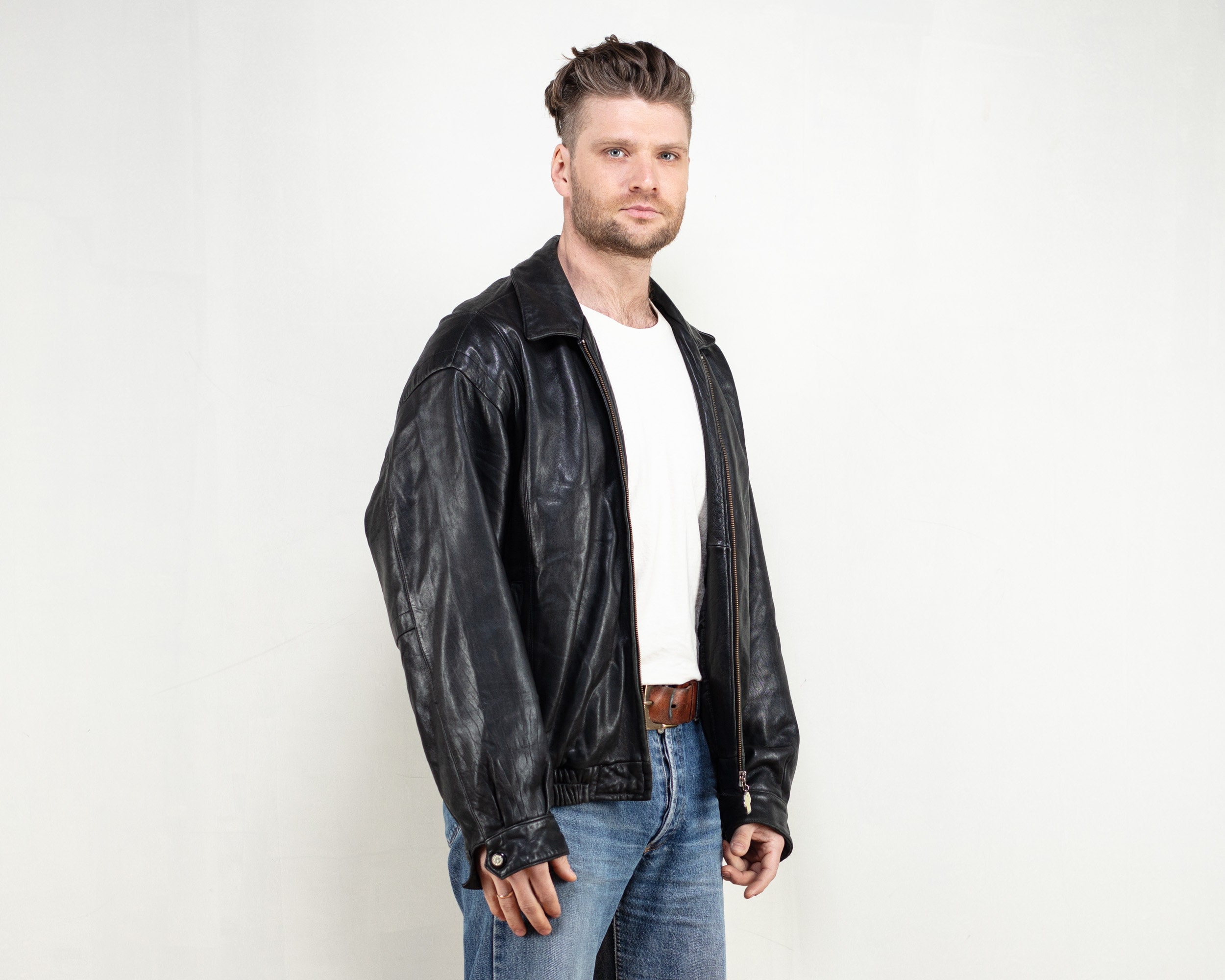 Vintage Oversized Leather Jacket 90's men jacket in black men gift idea