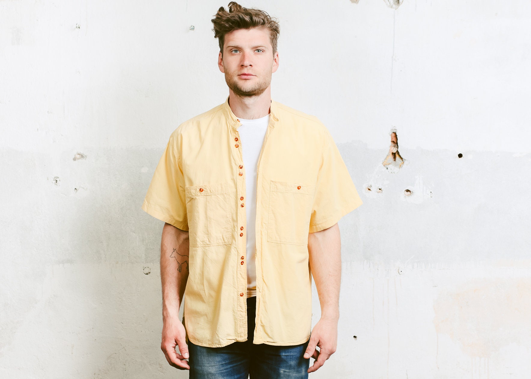 Men Band Collar Shirt . Vintage 80s Shirt Yellow Collarless Minimalist ...