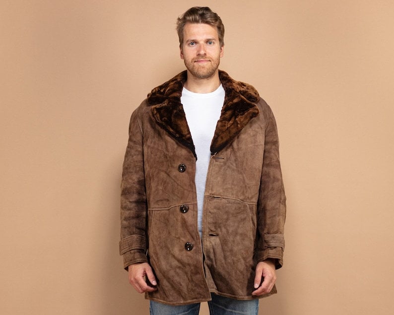 Oversize Schaffellmantel Herren, Overcoat Large XL, Western Outerwear, Schwerer Wintermantel, Schaffellmantel, Retro Wildledermantel, BetaMenswear Bild 1