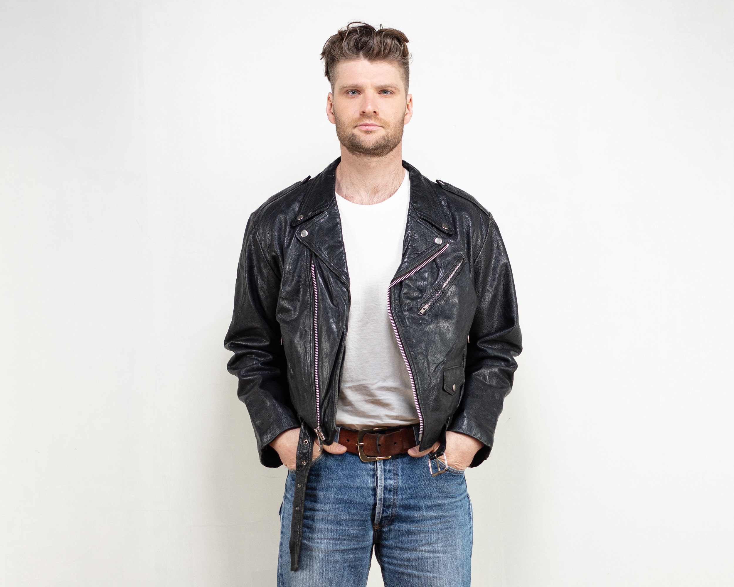Men Leather Biker Jacket 80's Black Moto Side Zip Jacket - Etsy