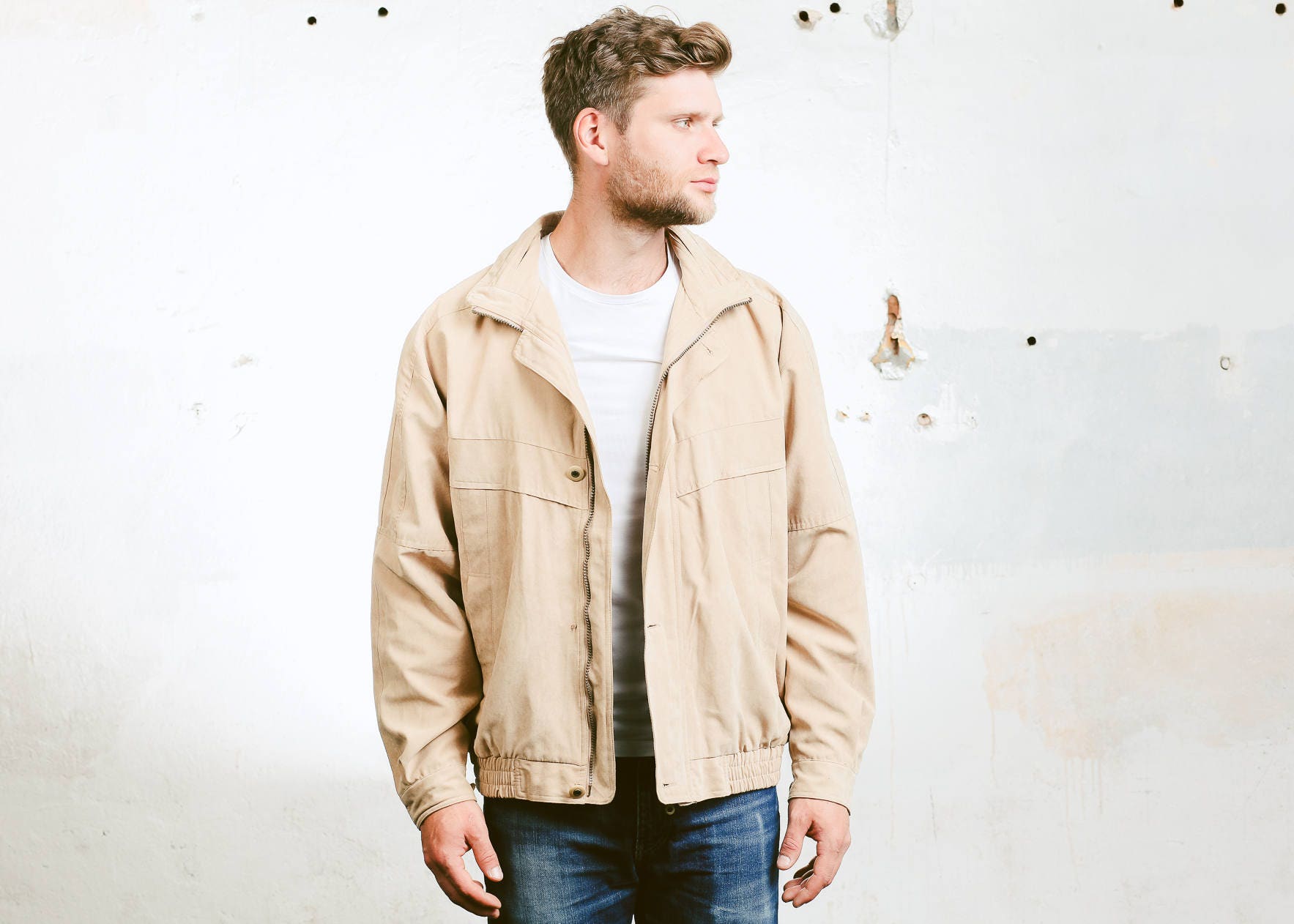 Men Faux Suede BOMBER Jacket . Vintage Beige Jacket 90s Zip Up Flight ...